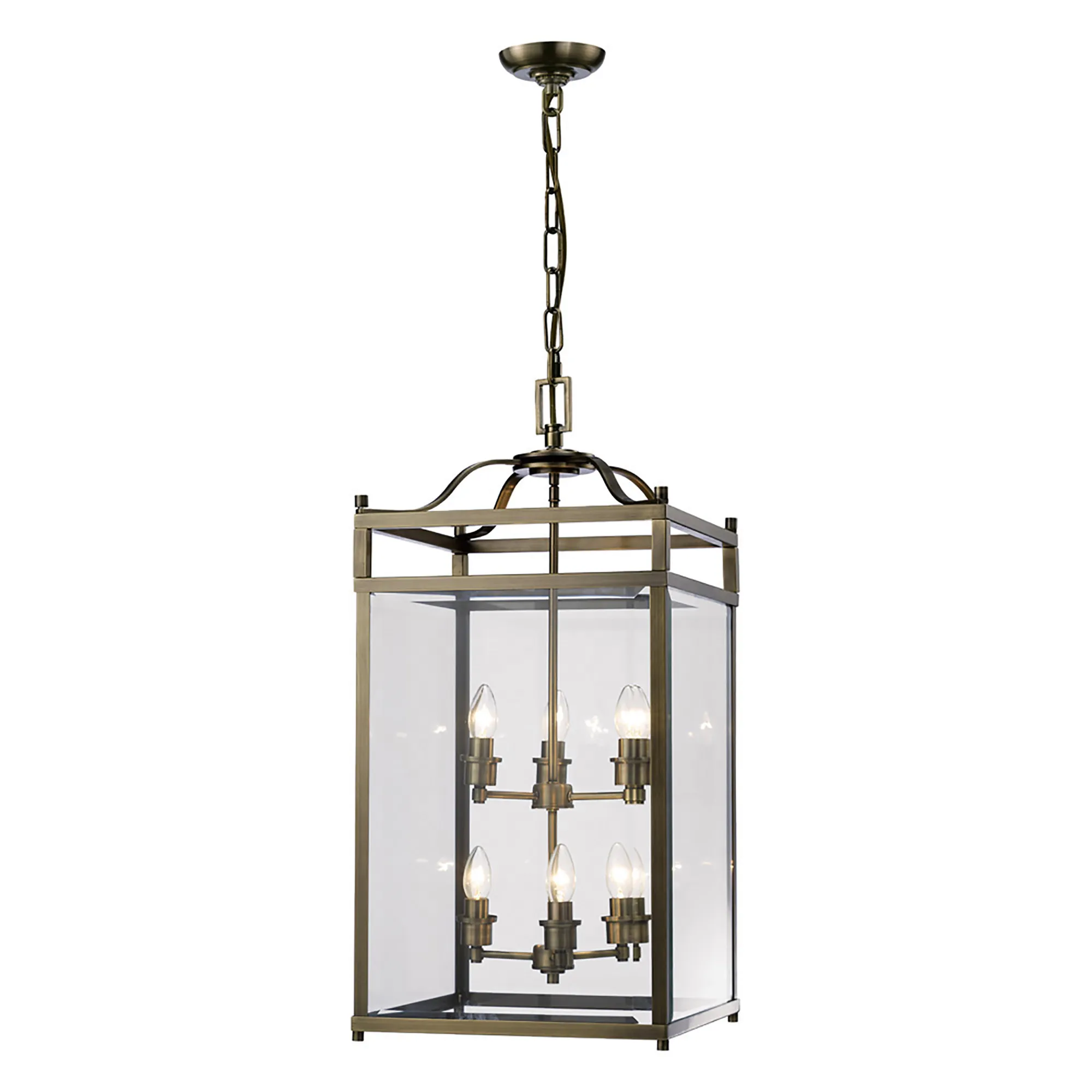 IL31114  Aston Glass Square Pendant 6 Light (15kg) Antique Brass